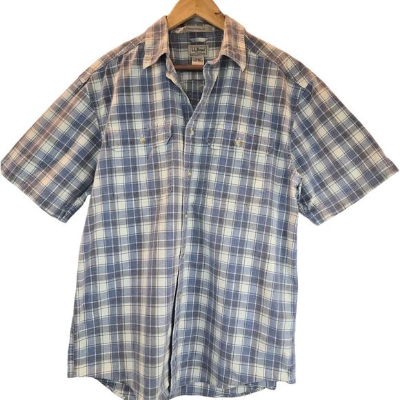 LL Bean Blue Plaid Button Down Short Sleeve Shirt 100% Cotton Mens Medium - Picture 1 of 5